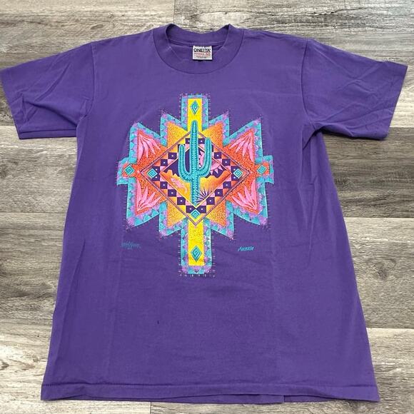 Vintage 90s Oneita Purple Men L Cactus Lizard Arizona Tribal Austin T-Shirt USA - Picture 2 of 9